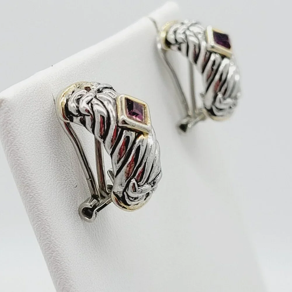 Two Toned Mixed Metal Amethyst Glass Earrings Silver & Gold Tone Well Made 3/4